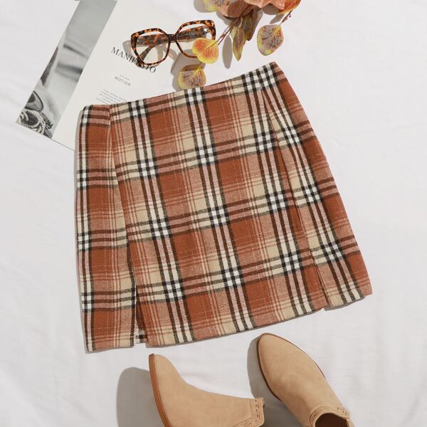 

Zip Back Tartan Slit Hem Skirt, Multicolor