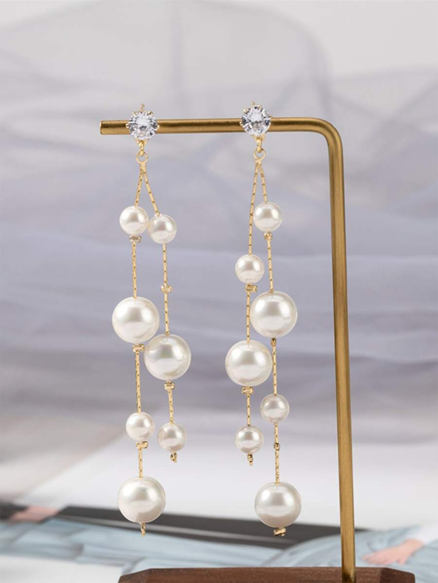 Faux Pearl Drop Earrings - Yellow Gold - View 1