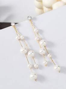 Faux Pearl Drop Earrings - Yellow Gold - View 2