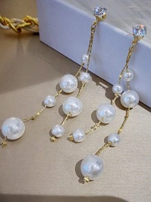 Faux Pearl Drop Earrings - Yellow Gold - View 3