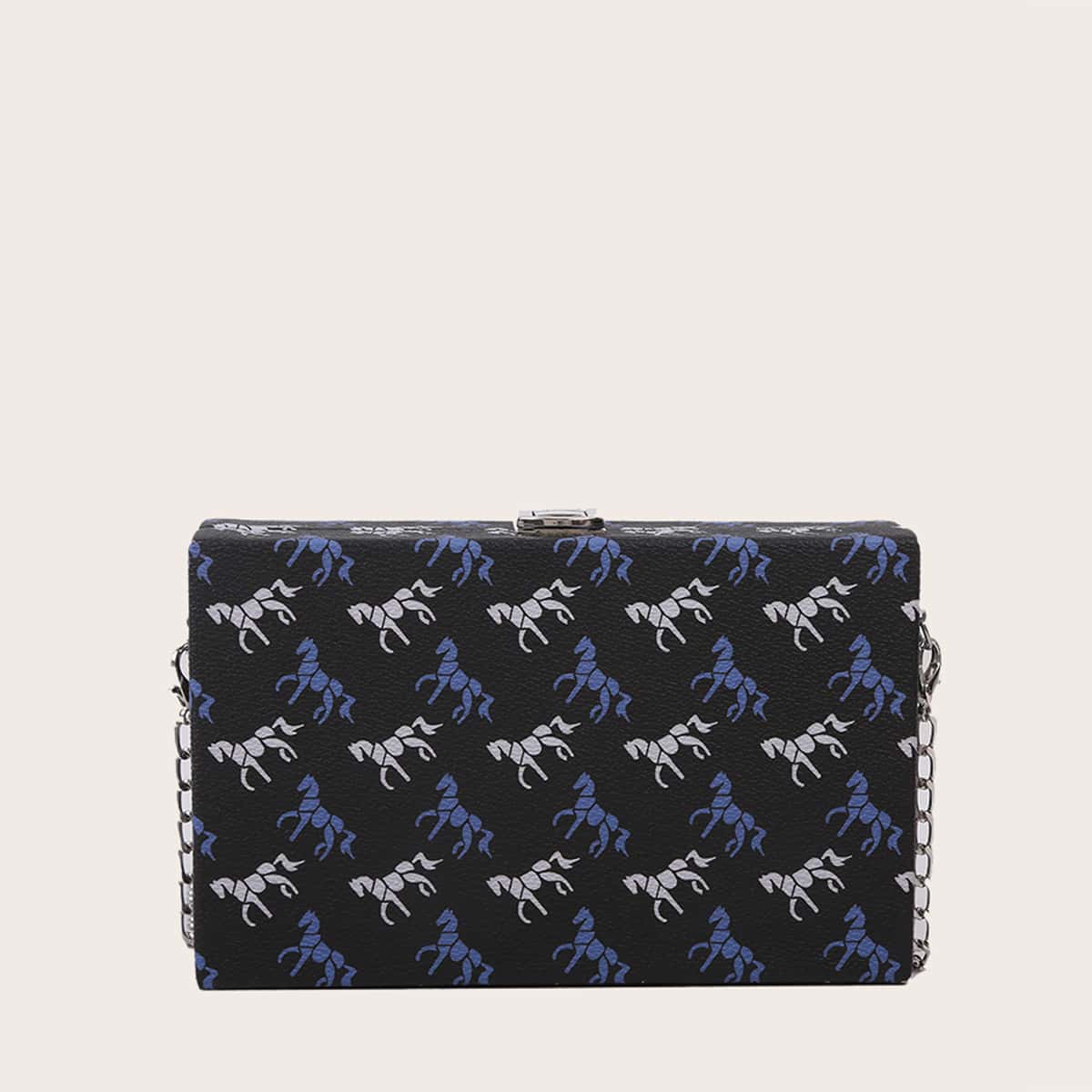 

Horse Print Chain Box Bag, Black