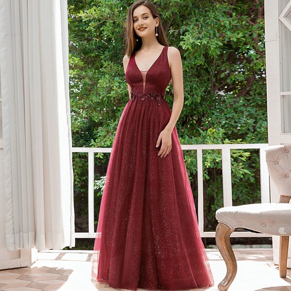 

Applique Glitter Mesh Prom Dress, Burgundy
