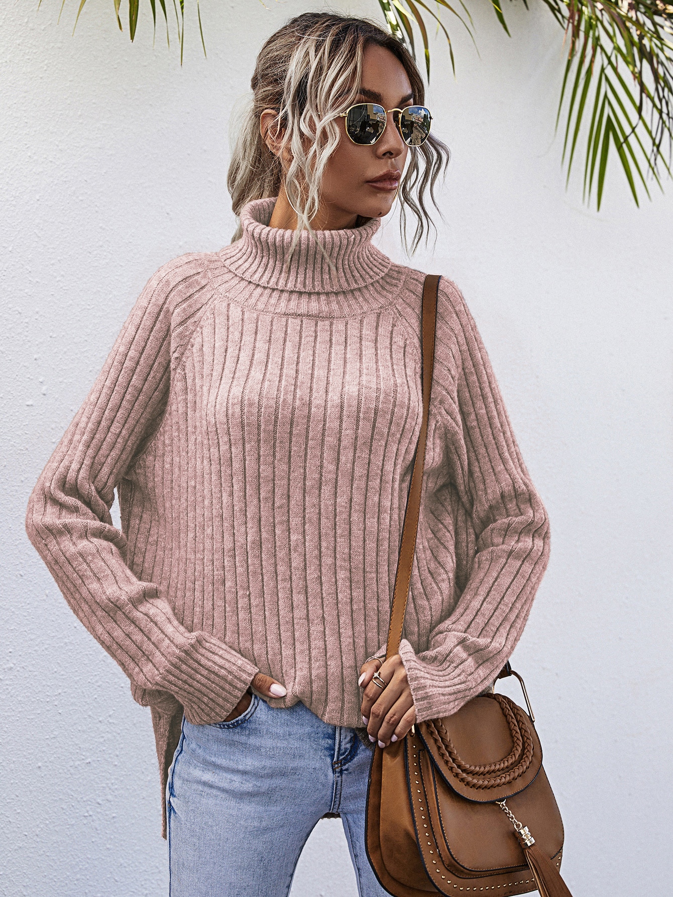 Turtleneck Raglan Sleeve Split Hem Sweater thumbnail