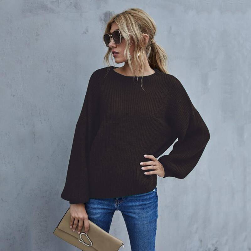 

Solid Drop Shoulder Bishop Sleeve Sweater, Chocolate brown