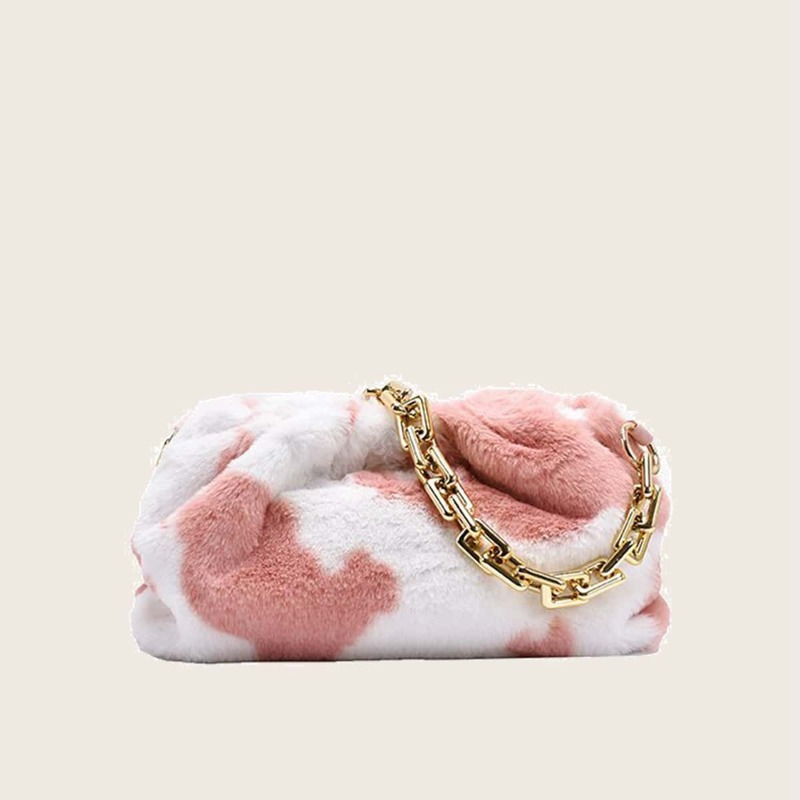 

Cow Print Fluffy Ruched Bag, Pink