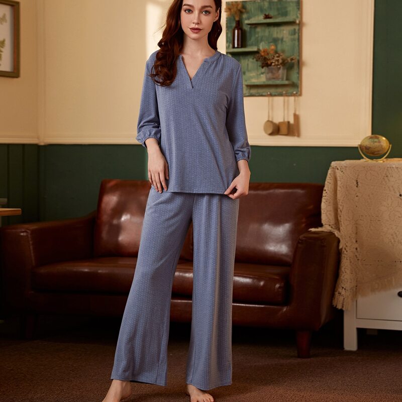 

Notched Neck Tee With Pants Lounge Set, Dusty blue