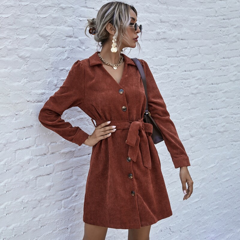 

Corduroy Button Front Belted Shirt Dress, Rust brown