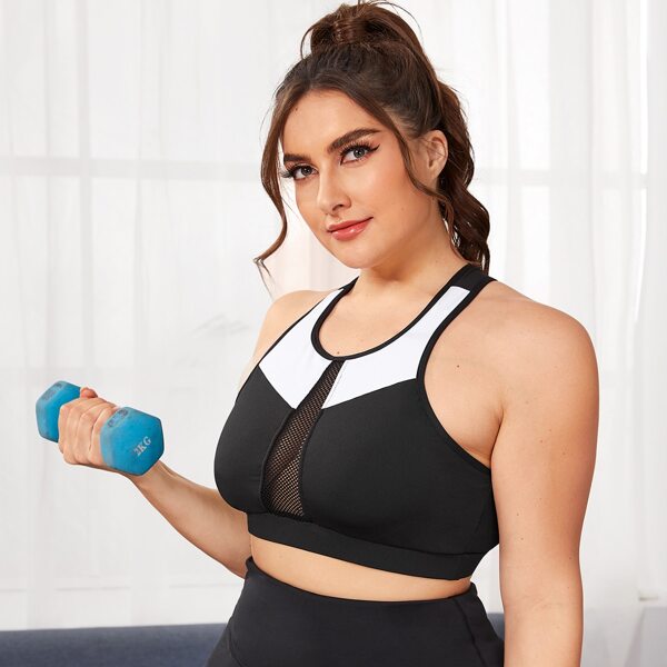 

Plus Colorblock Contrast Fishnet Mesh Sports Bra, Black