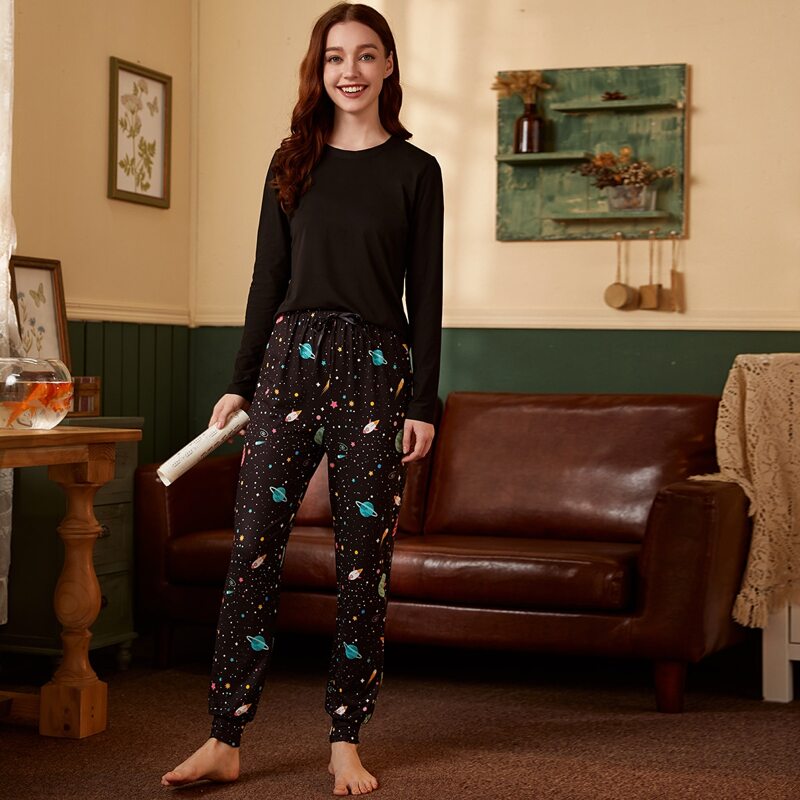 

Galaxy Print Pants & Solid Tee Pajama Set, Black