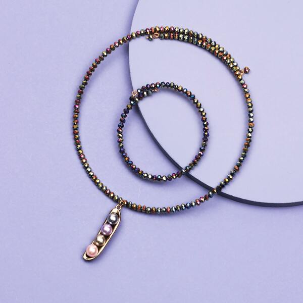 

1pc Beaded Necklace & 1pc Bracelet, Multicolor
