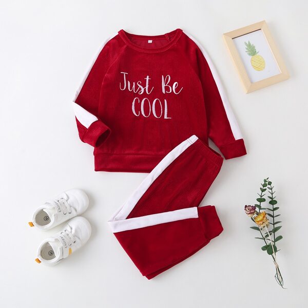 

Toddler Girls Slogan Embroidery Color Block Sweatshirt & Pants, Burgundy