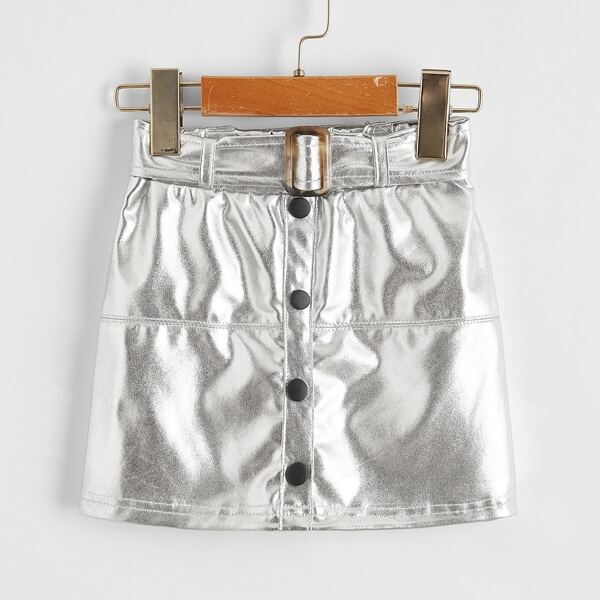 

Toddler Girls PU Leather Belted Metallic Skirt, Silver