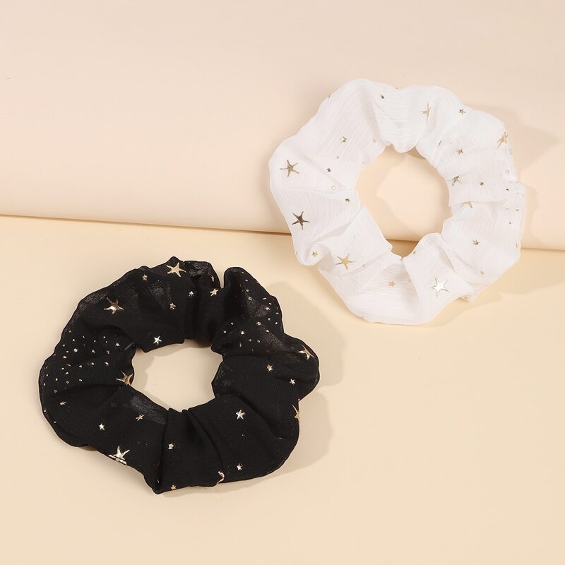 

2pcs Star Print Scrunchie, Black and white