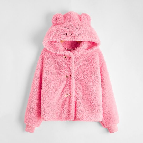 

Girls Ear Detail Double Breasted Teddy Jacket, Pink