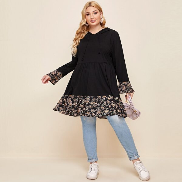 

Plus Floral Print Drawstring Hoodie, Black