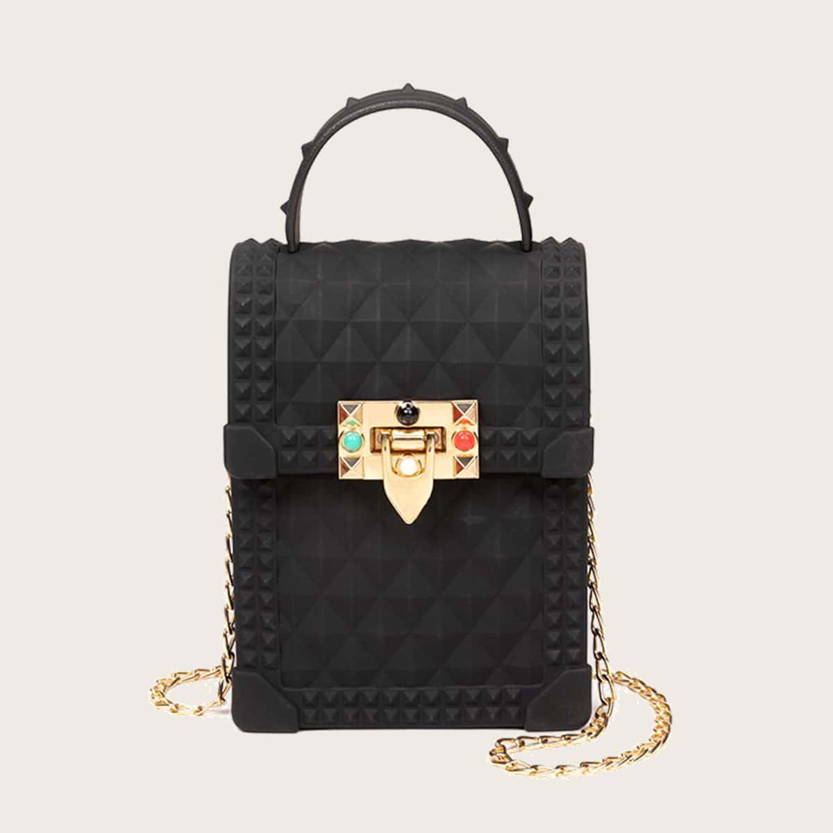 

Mini Studded Decor Satchel Bag, Black