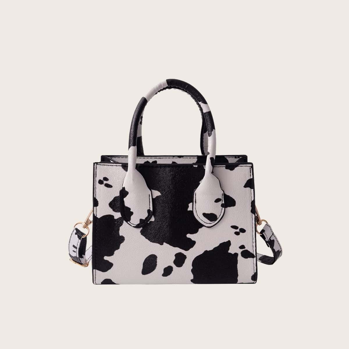 

Cow Print Satchel Bag, Black and white