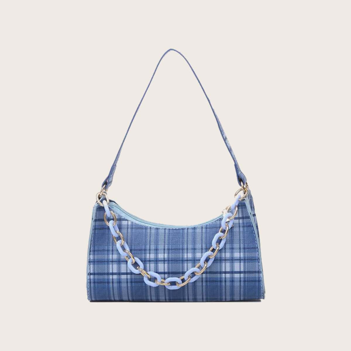 

Chain Decor Plaid Baguette Bag, Blue