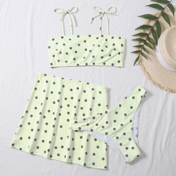 

3pack Allover Floral Bikini Swimsuit With Beach Skirt, Green