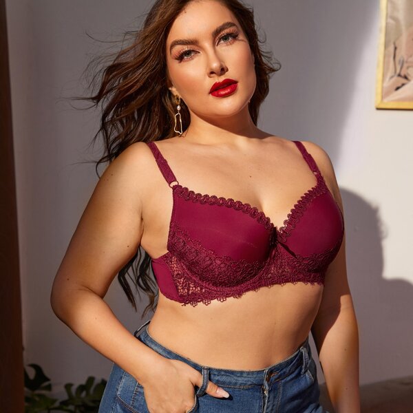 

Plus Lace Trim Underwire Bra, Burgundy
