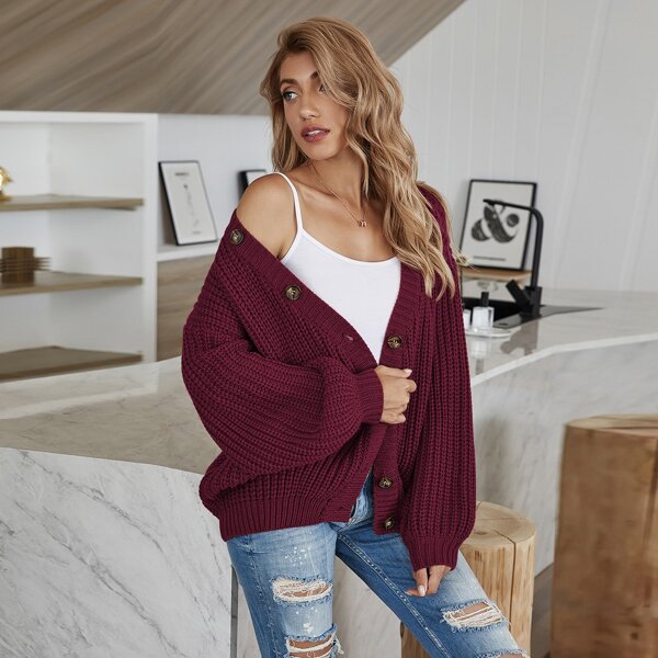 

Button Up Drop Shoulder Cardigan, Maroon