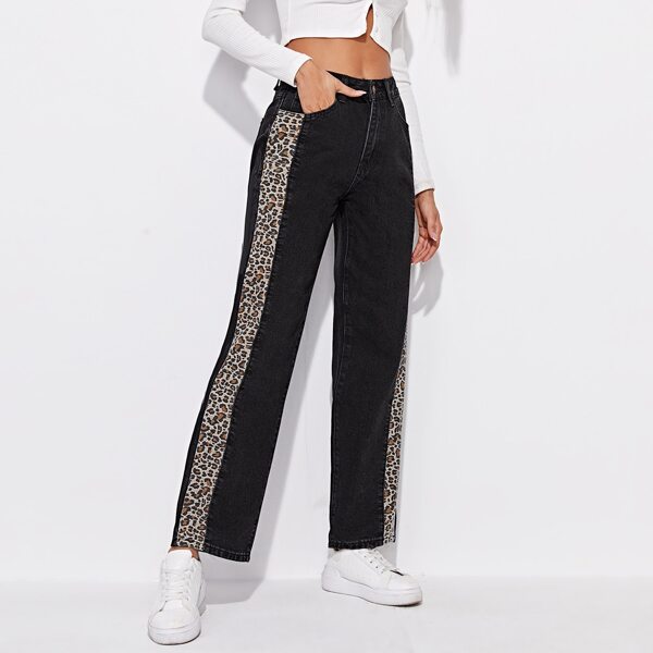 

Leopard Tape Side Straight Jeans, Black
