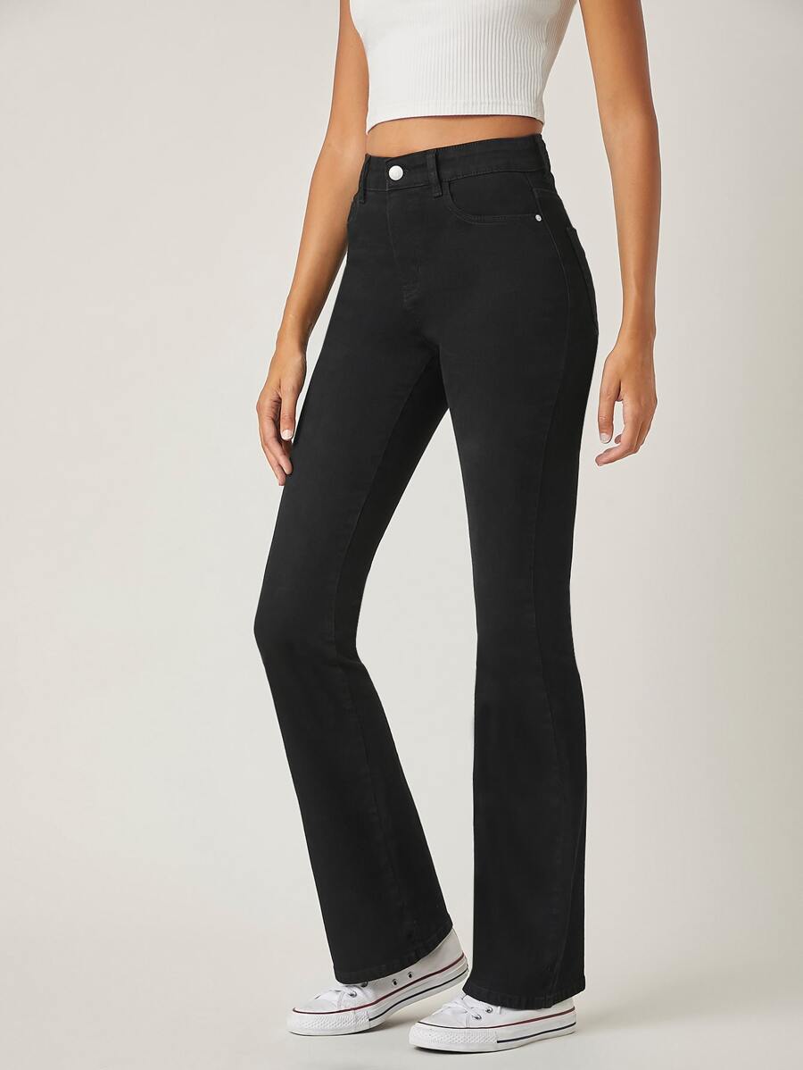 SHEIN High-Waisted Dinner Date Flare Jeans - Black - View 1