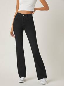 SHEIN High-Waisted Dinner Date Flare Jeans - Black - View 3