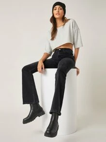 SHEIN Jean Tombol Plain Casual - Dark Grey - View 7