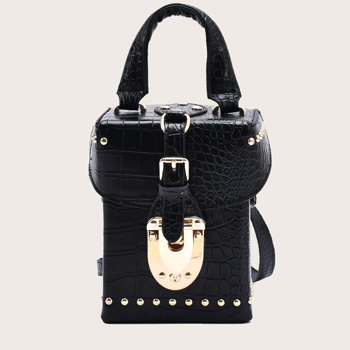 

Buckle Decor Croc Embossed Box Bag, Black