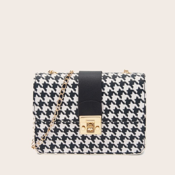 

Houndstooth Pattern Flap Chain Bag, Black and white