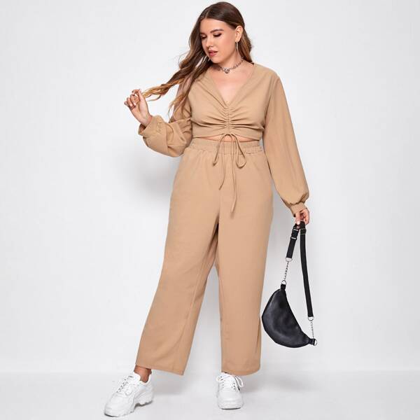 

Plus Solid Drawstring Front Top & Pants, Khaki
