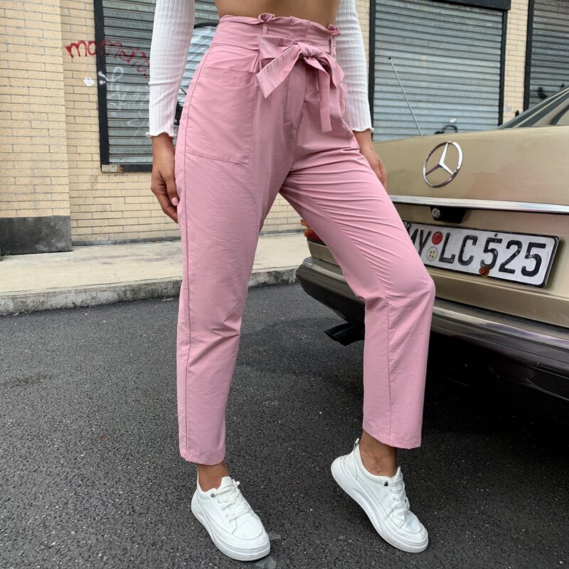 

D&M Paperbag Waist Belted Straight Pants, Pink