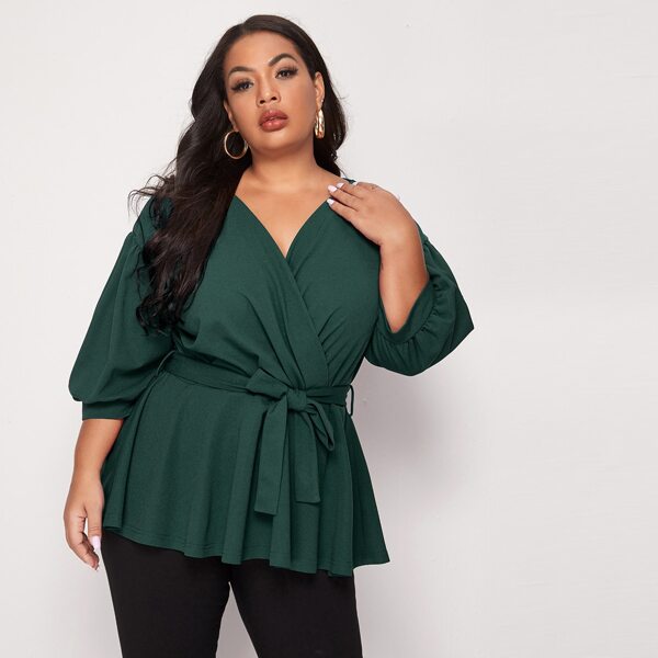 

Plus Surplice Neck Ruffle Hem Belted Blouse, Dark green