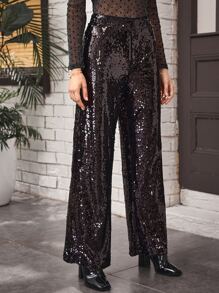 High Waist Sequin Trousers - Chocolate Brown - View 1