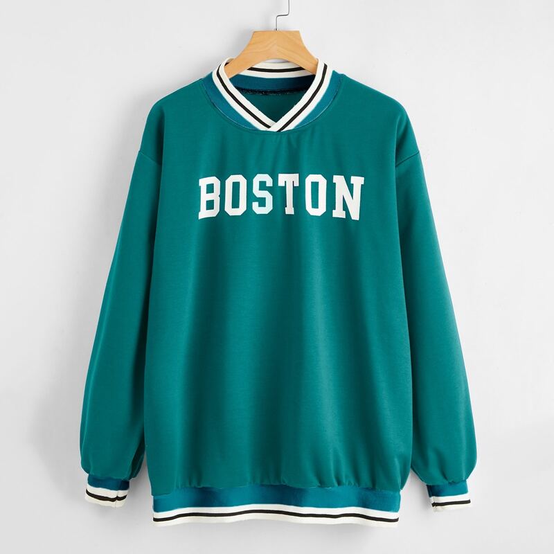 

Baseball Collar Letter Graphic Sweatshirt, Cadet blue