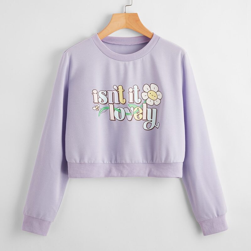 

Floral & Slogan Graphic Sweatshirt, Lilac purple