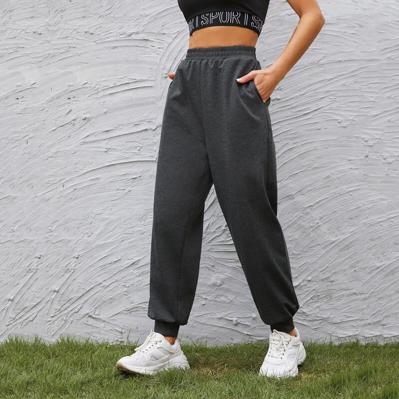

Elastic Waist Solid Sports Sweatpants, Dark grey