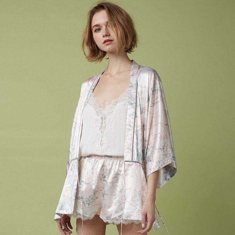 

PJM Tie Waist Floral Print Satin Night Robe, Multicolor