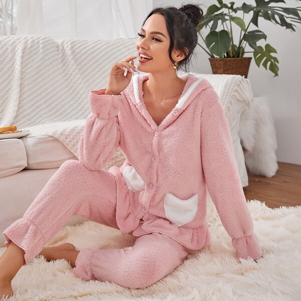 

Ruffle Hem Dual Pocket Flannel PJ Set, Baby pink