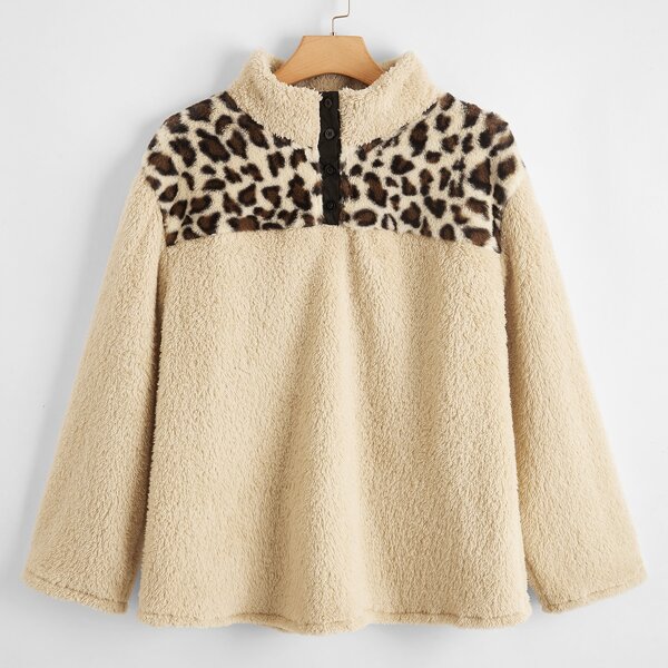 

Plus Leopard Print Colorblock Half Button Teddy Sweatshirt, Khaki
