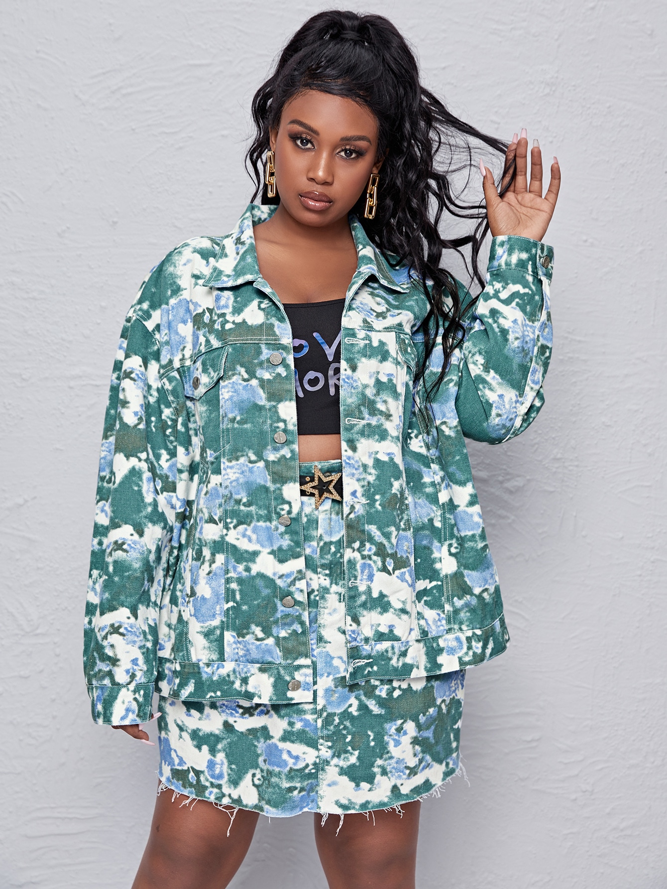 Plus Tie Dye Denim Jacket & Raw Hem Skirt Set Without Belt thumbnail