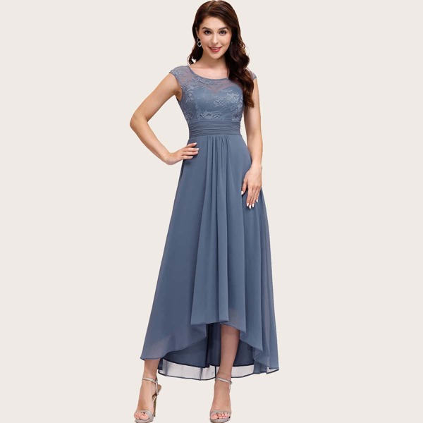 

Ruched Waist Lace Bodice Chiffon Dress, Dusty blue