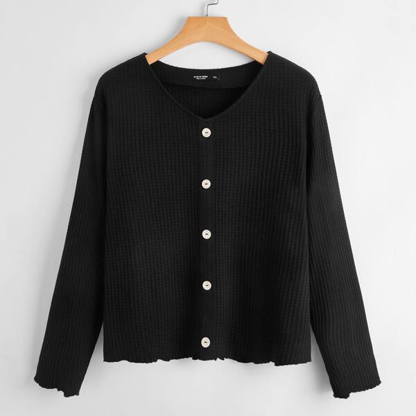 

Plus Waffle Knit Button Detail Tee, Black