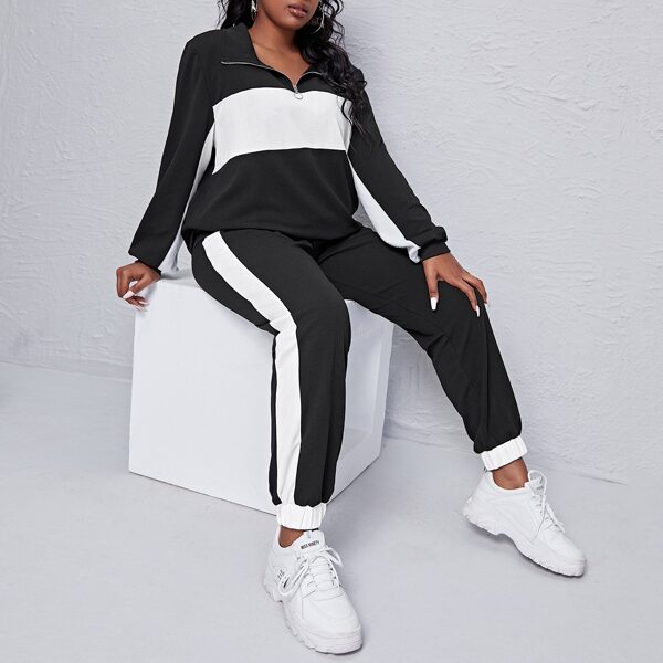 

Plus Colorblock Half Placket Sweatshirt With Sweatpants, Black