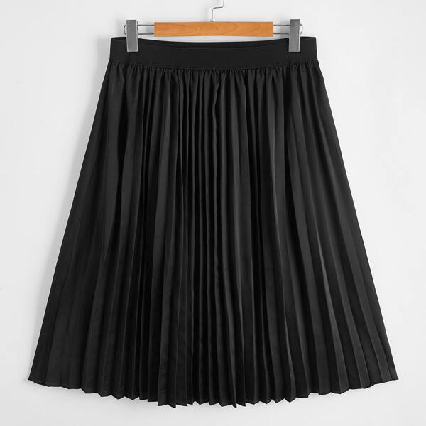 

Plus Solid Satin Pleated Skirt, Black