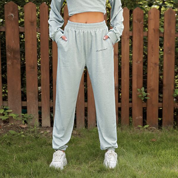 

Letter Graphic Slant Pocket Sports Pants, Light grey