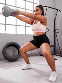 Slayform Shorts de deporte de tallas grandes con textura sólida y estilo legging - Negro - Ver 3