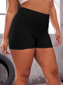 Slayform Shorts de deporte de tallas grandes con textura sólida y estilo legging - Negro - Ver 5