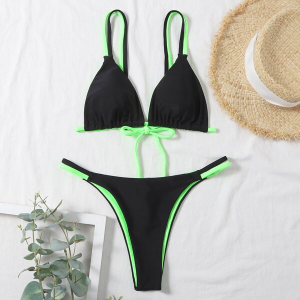 

Triangle Tie Back Thong Bikini Swimsuit, Black